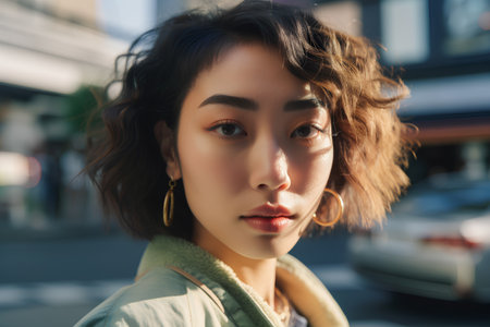 Portrait of a beautiful young woman with curly hair in the cityの素材