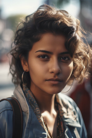 Portrait of a beautiful young woman with curly hair on the streetの素材