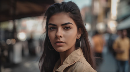 Portrait of a beautiful young brunette woman in a beige jacket on the street.の素材
