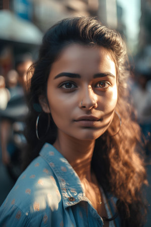 Portrait of a beautiful girl in a blue dress on the streetの素材