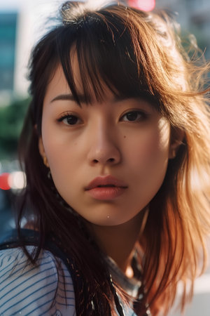 Portrait of a beautiful young asian woman in the city.の素材