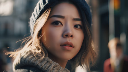Portrait of a beautiful young asian woman with long hair in a hat and coat.の素材
