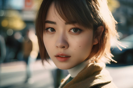 Portrait of a beautiful young asian woman in the city.の素材