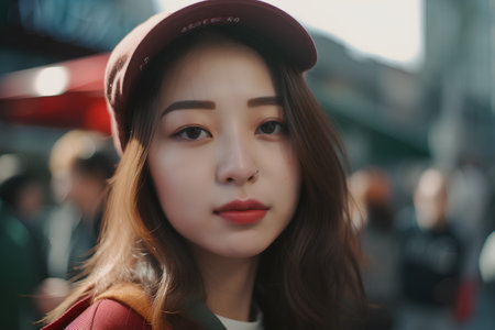 Portrait of a young asian woman in a red cap.の素材