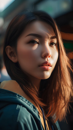 Beautiful asian woman in the city, closeup portrait.の素材