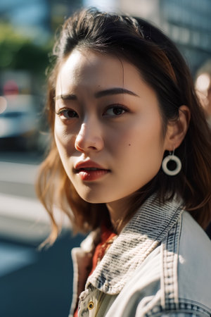 Portrait of a beautiful young asian woman in the city.の素材