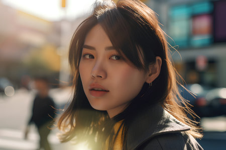 Portrait of a beautiful young asian woman in the city.の素材