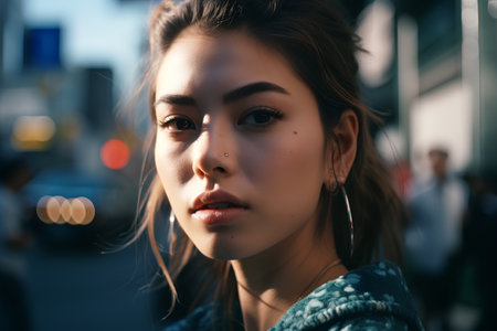 Portrait of a beautiful young brunette woman in a blue coat on the streetの素材