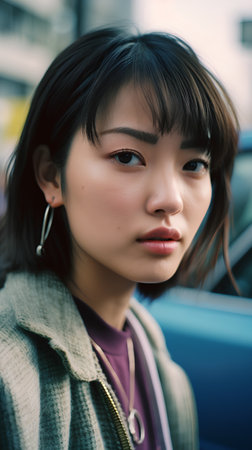Portrait of a beautiful young asian woman in the city.の素材