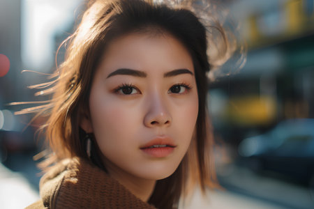 portrait of a beautiful young asian woman with brown hair in the cityの素材