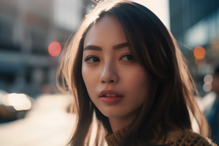Close up portrait of a beautiful young asian woman in the cityの素材