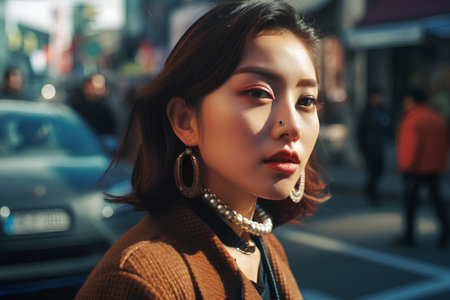 Beautiful asian woman in the city street, fashion portrait.の素材
