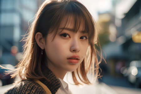 Portrait of a beautiful young asian woman outdoors in the cityの素材