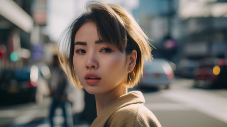 Portrait of a beautiful asian girl with short hair in the cityの素材