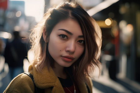 Portrait of a beautiful girl in a yellow coat on the streetの素材