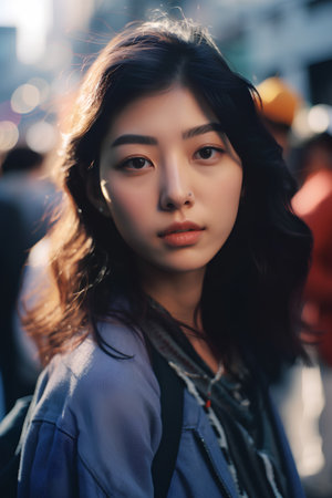 Portrait of a beautiful asian woman in the city at sunsetの素材