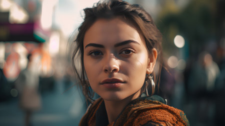 Close-up portrait of a beautiful young woman on the street.の素材