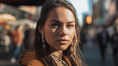 Portrait of a beautiful young woman with long brown hair in an urban contextの素材