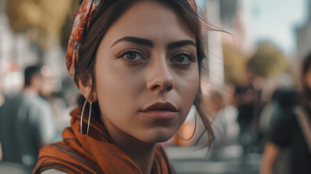 Portrait of a beautiful girl in a scarf on the street.の素材