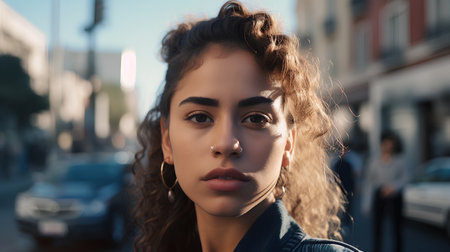 Portrait of a young beautiful girl with curly hair in the cityの素材