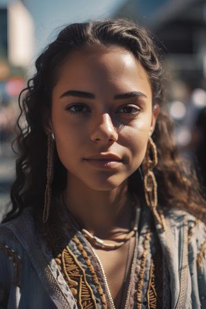 Portrait of a beautiful young woman with boho style clothes.の素材