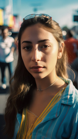 Portrait of a beautiful girl in a blue T-shirt on the streetの素材