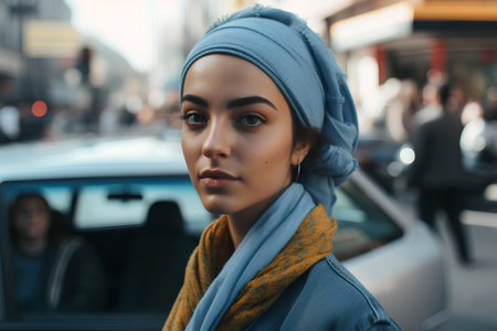 Portrait of a beautiful young african american woman in a blue hat and scarf.の素材