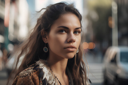 Portrait of a beautiful young woman with long brown hair in the cityの素材