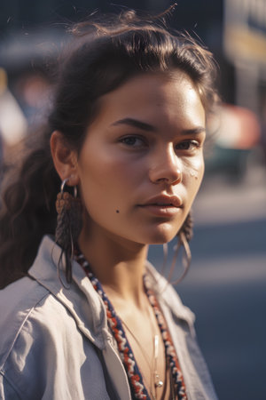 Beautiful brunette girl posing in the city streets. Urban style.の素材