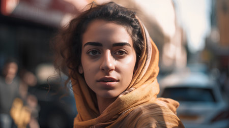 Portrait of a beautiful young woman in a scarf on the streetの素材
