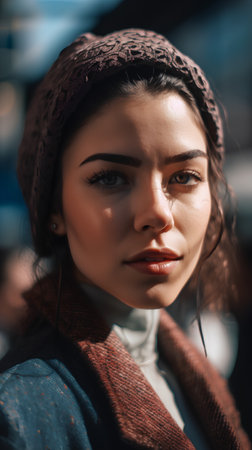 Close-up portrait of a beautiful girl in a brown coat on the street.の素材