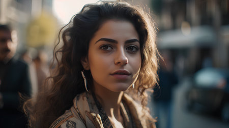 Portrait of a beautiful girl with long curly hair on the streetの素材