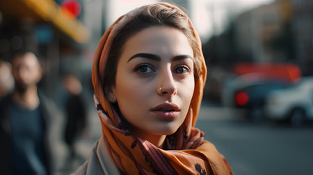 Close-up portrait of a beautiful young girl with brown eyes in a headscarf on the streetの素材