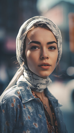 Portrait of a beautiful girl in a headscarf on the streetの素材