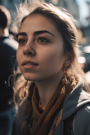 Portrait of a beautiful young woman on the street in the cityの素材