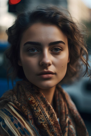 Portrait of a beautiful girl with curly hair on the street.の素材