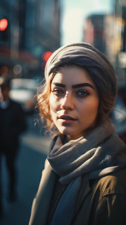 Portrait of a beautiful girl in a coat and scarf on the streetの素材