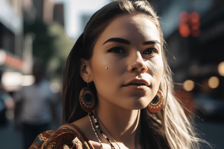 beautiful young woman in boho style posing in the city streetsの素材