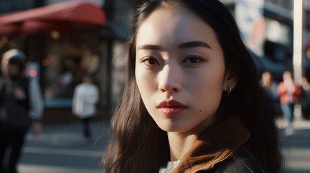 Portrait of a beautiful young asian woman on the street.の素材