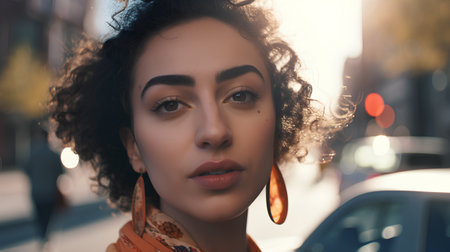 Close-up portrait of a beautiful girl with curly hair on the streetの素材