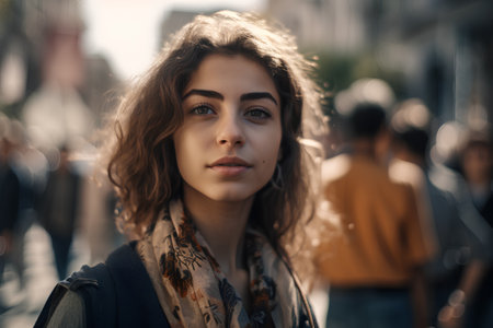Portrait of a beautiful young woman with curly hair in the streetの素材