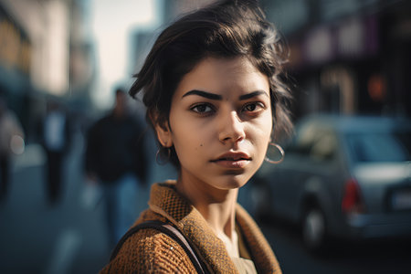 Portrait of a young beautiful woman in a coat in the cityの素材