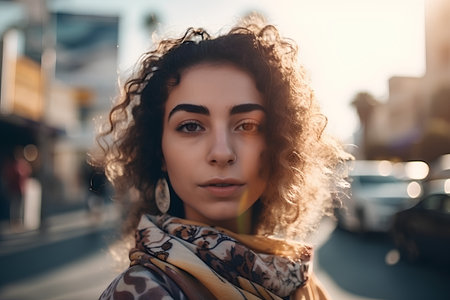 Portrait of a beautiful young girl with curly hair in the cityの素材