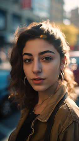 Portrait of a beautiful young woman with make-up in the cityの素材
