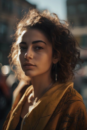 Portrait of a beautiful girl with curly hair in a yellow jacket.の素材