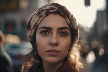 Portrait of a beautiful young woman in a headscarf on the streetの素材