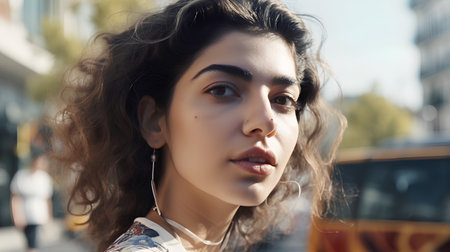 Portrait of a beautiful girl with long curly hair in the cityの素材