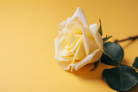 White rose on a yellow background. Flat lay, top view.の素材