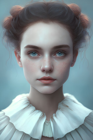 Portrait of a beautiful girl with blue eyes and red lips.の素材