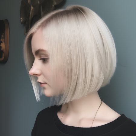 Portrait of a beautiful young woman with short blonde hair. Isolated on gray background.の素材